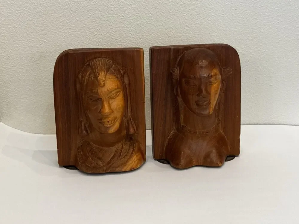 Vintage Hand Carved Wood Figural Bookends Tribal Busts Heavy Solid Vintage Decor